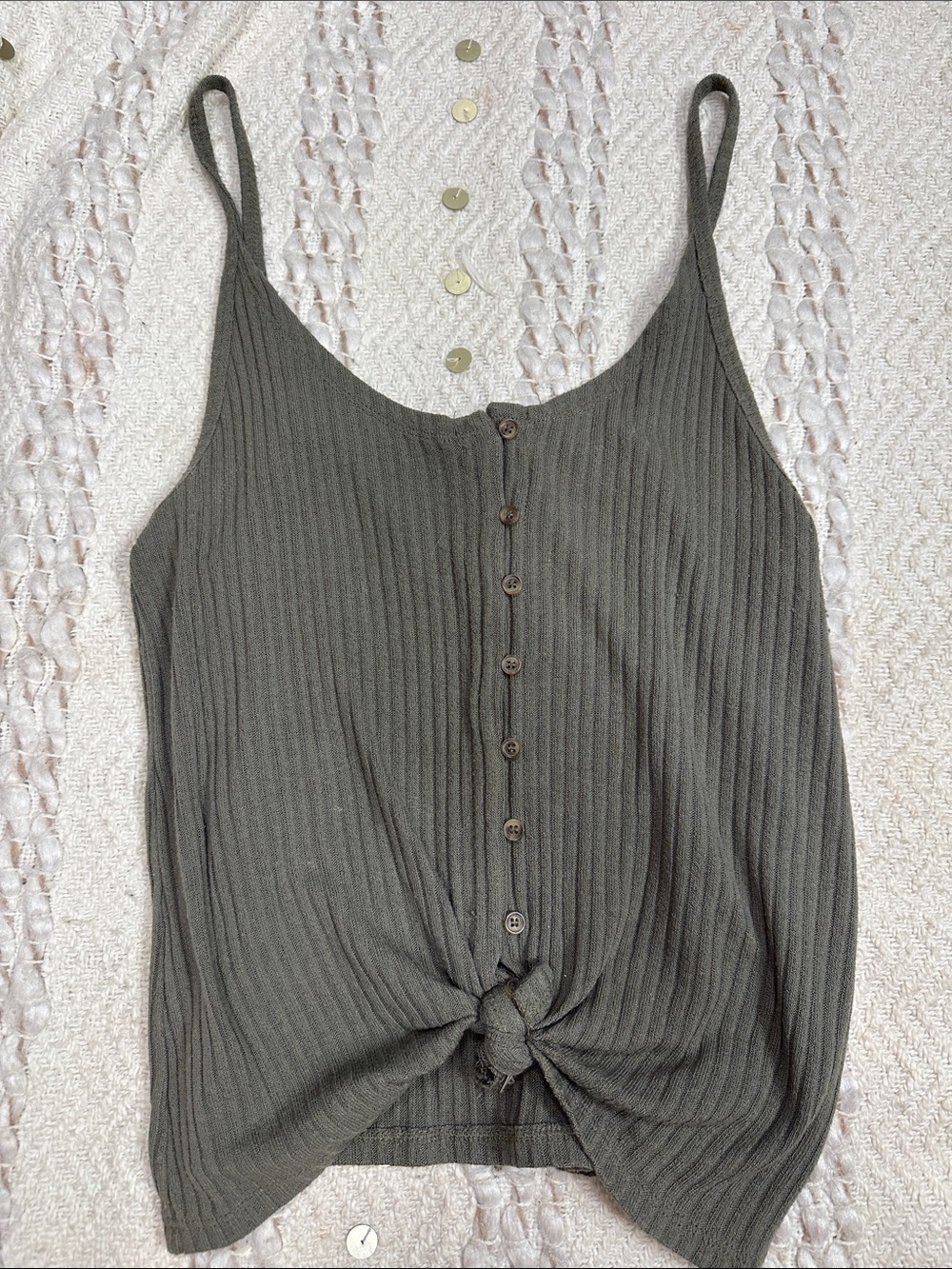 American Eagle Outfitters Olive Ribbed Button-Front Knot Tank